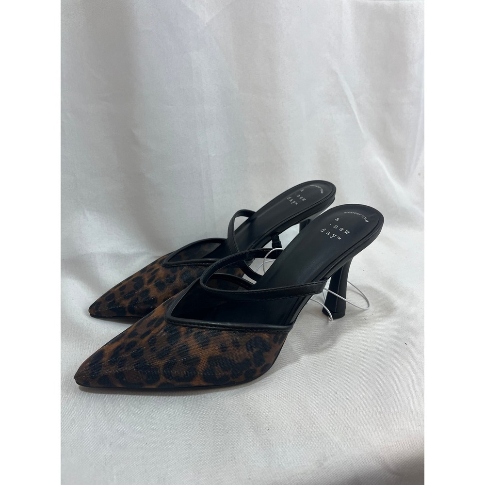 A New Day Women Leopard Print Mesh Pointed Toe Mules Stiletto Heels Brown Size 6